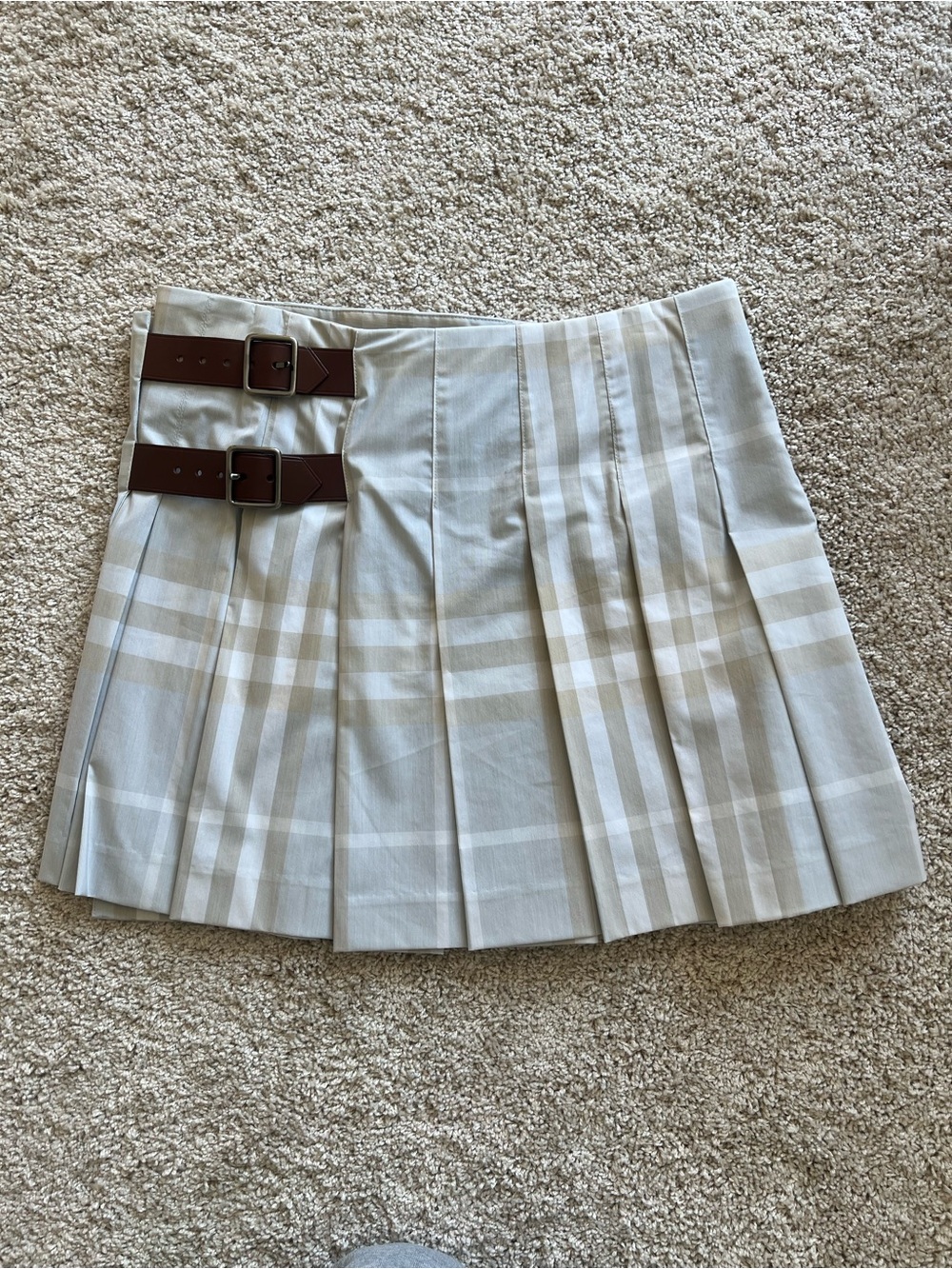 Like New Burberry Plaid Pleated Mini Skirt with Brown Leather Buckles
